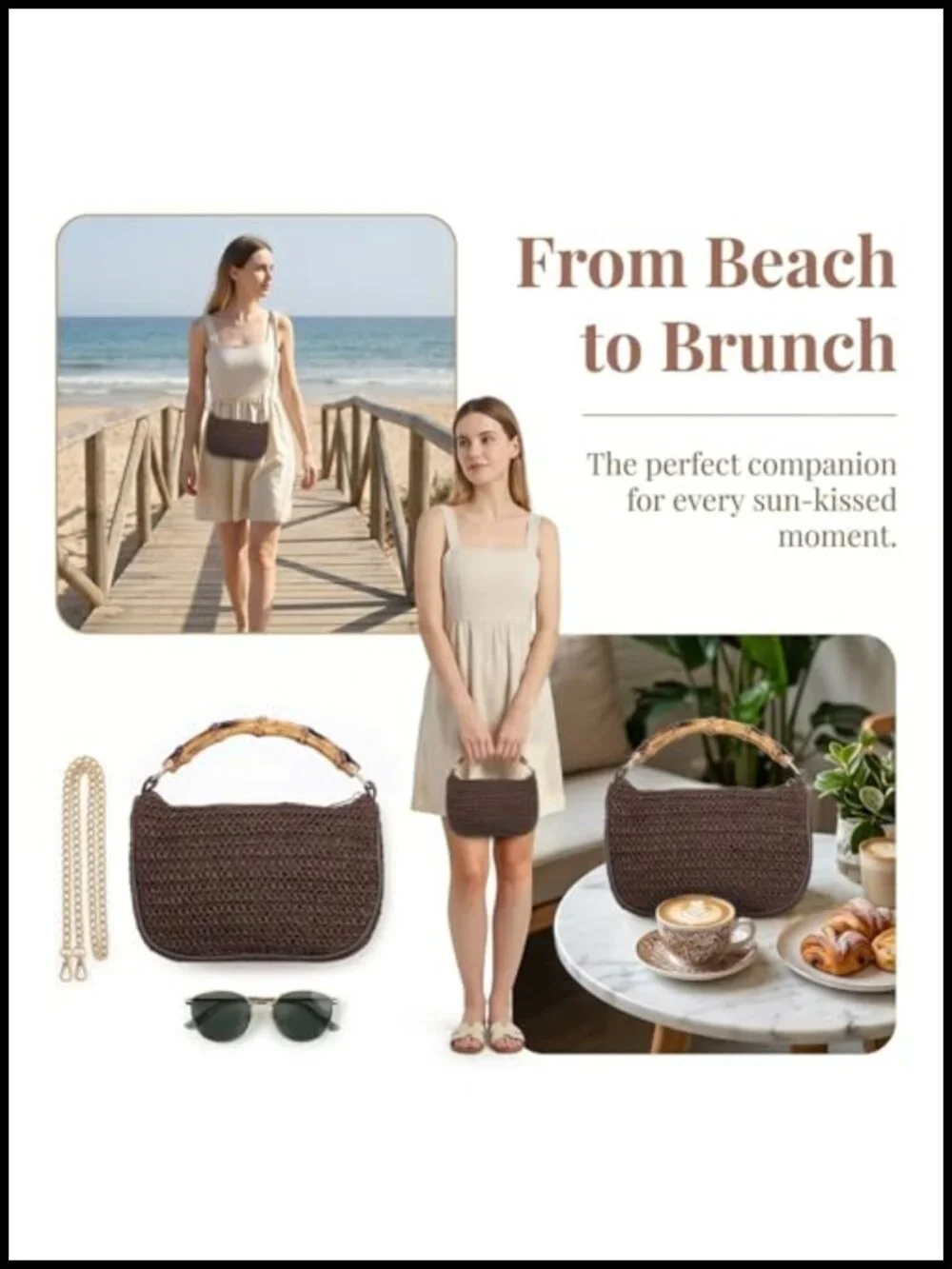 Straw Woven Hobo Tote Beach Crossbody Bag – Detachable Chain, Zipper